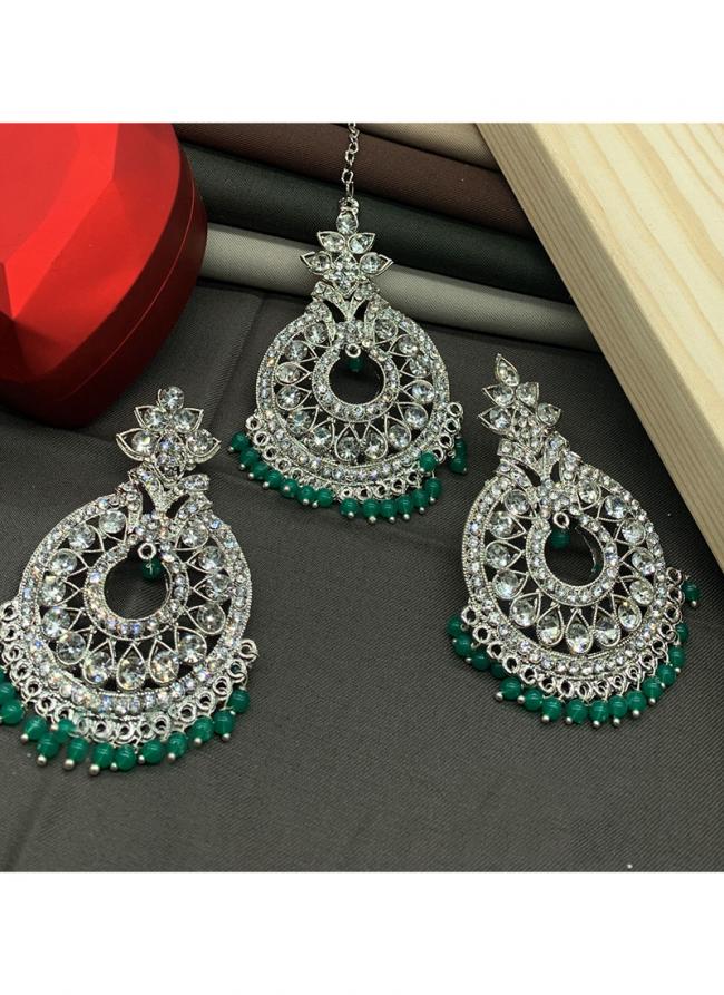 Green Silver Stone Studded Earrings With Maang Tikka